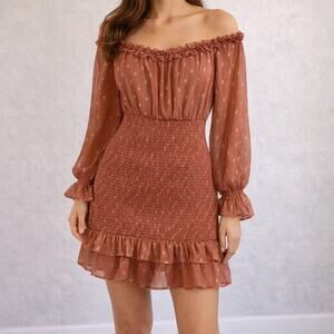 Aeom Dusty Pink Gold Polka Dot Smocked Off Shoulder Mini Dress Sz M